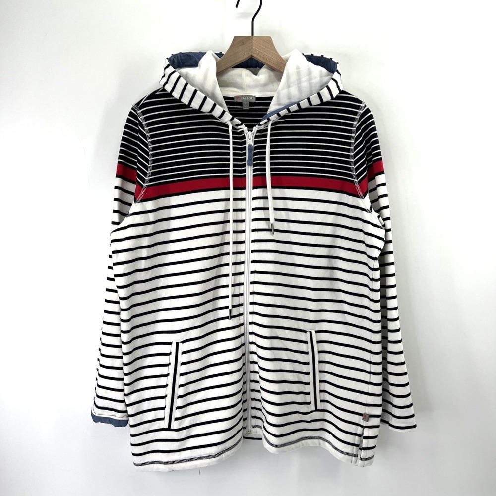 Talbots 1X Petite Sweatshirt Jacket White Black Stripe Full Zip  Hoodie Nautical
